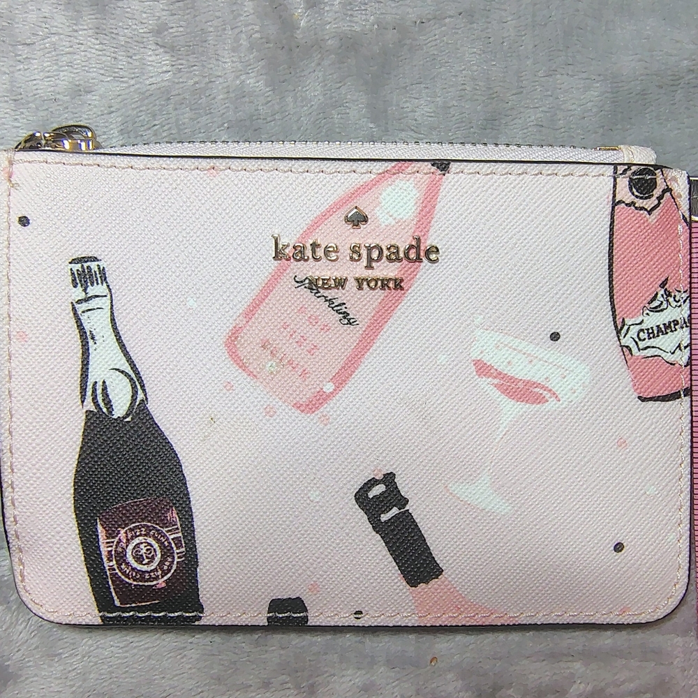 Kate Spade Pink and Black "Champagne Toss" Bitsy Key Ring Mini Wallet Party Fun